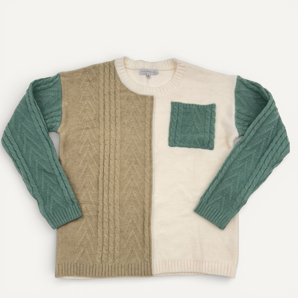 Miss Sparkling Colorblock Cable Knit Sweater M Cream Green Tan Cozy Cottagecore